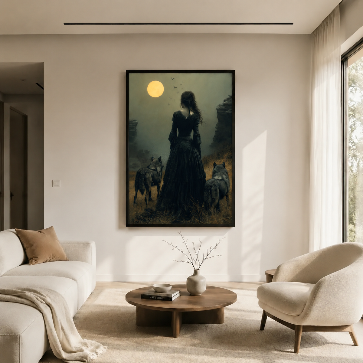 Woman & Wolves Moonlit Dark Fantasy Canvas Wall Art