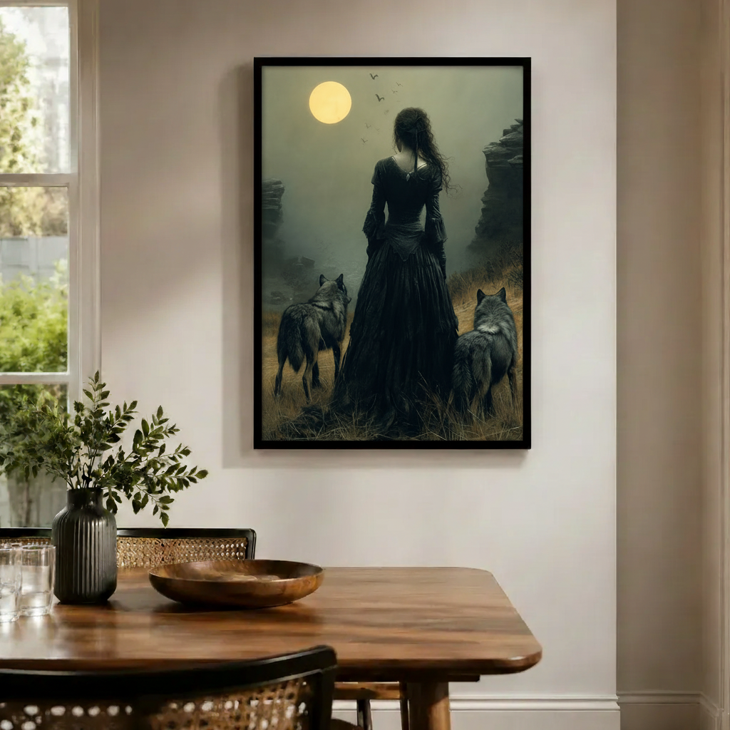 Woman & Wolves Moonlit Dark Fantasy Canvas Wall Art