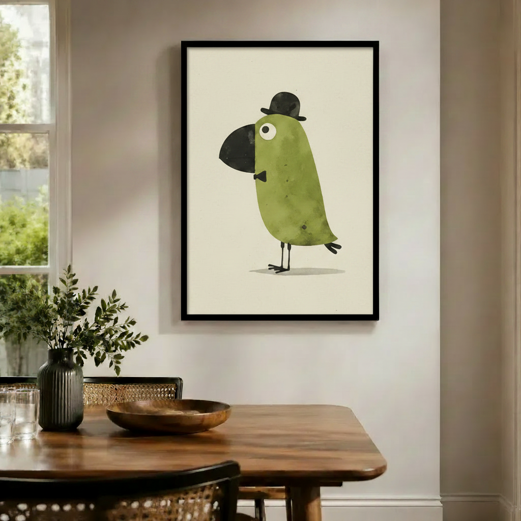 Dapper Green Bird Bowler Hat Canvas Wall Art