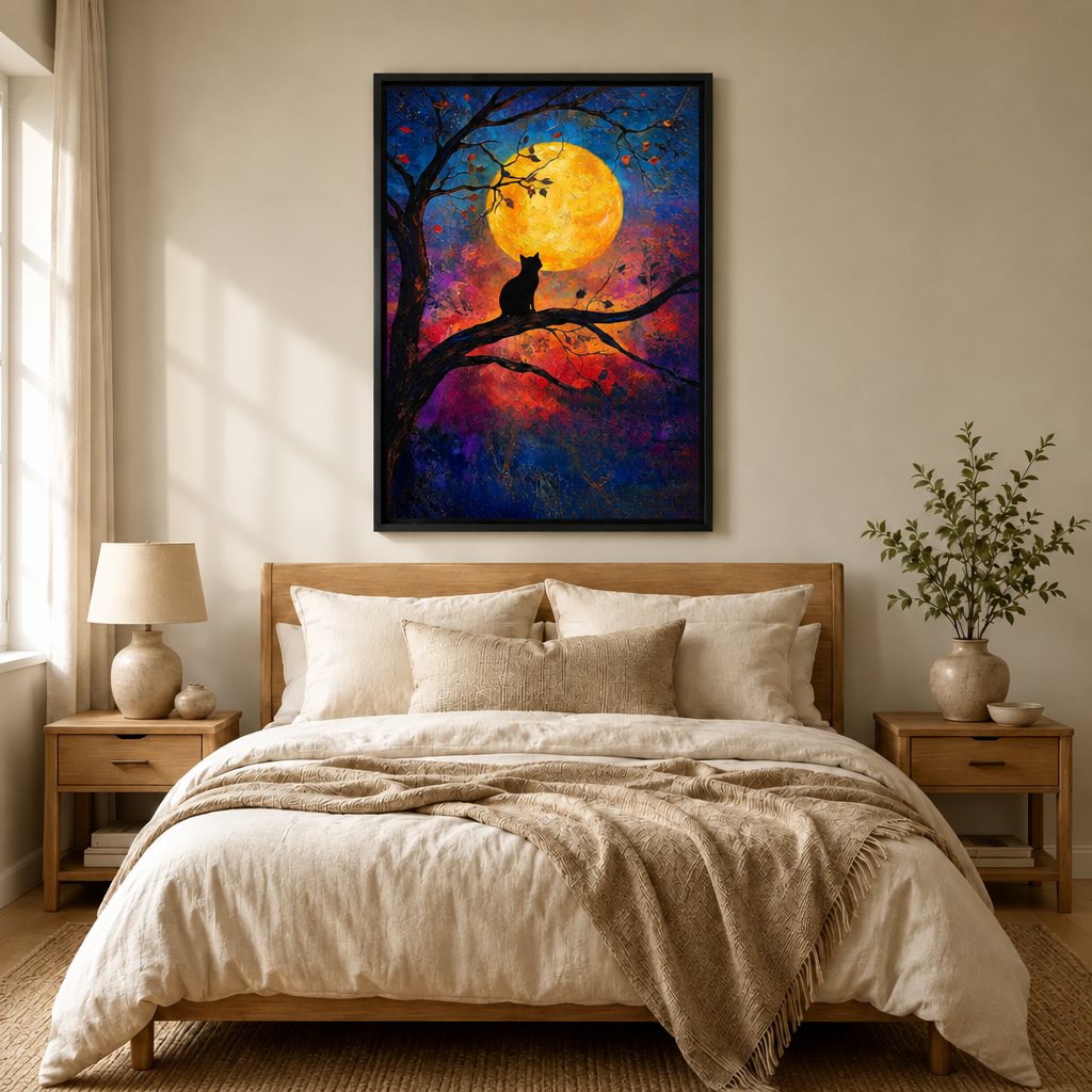 Black Cat Full Moon Night Canvas Wall Art