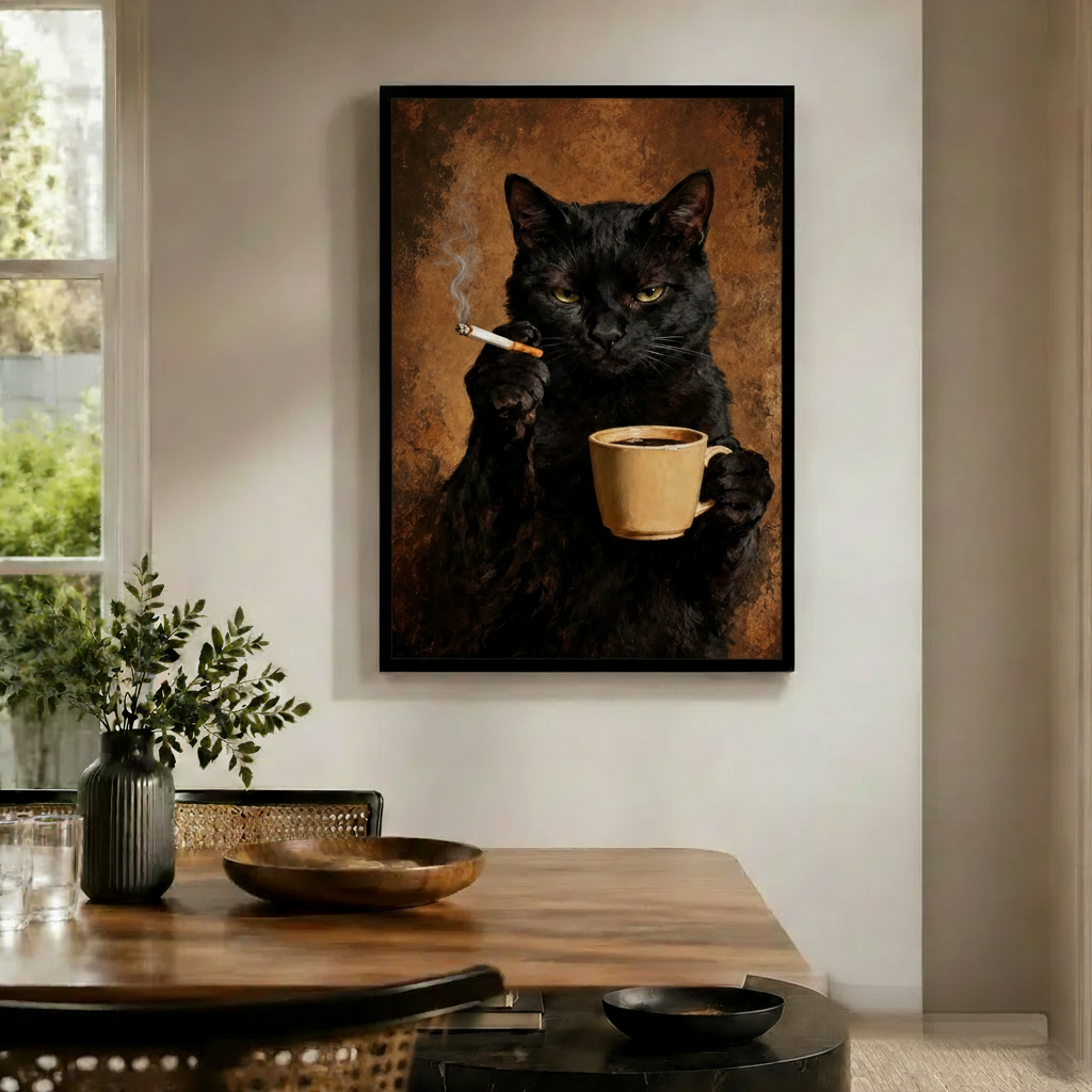 Moody Black Cat Coffee Cigarette Oil Canvas Art