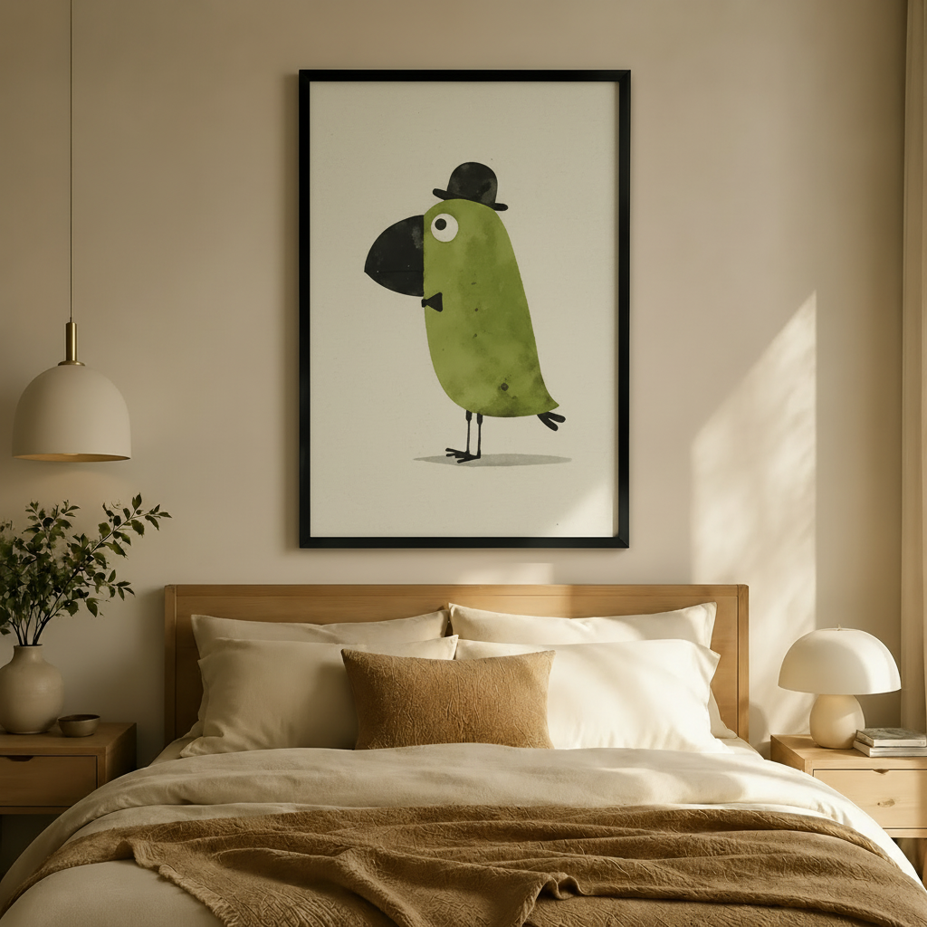 Dapper Green Bird Bowler Hat Canvas Wall Art