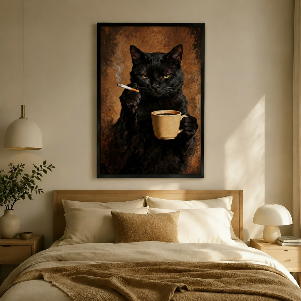 Moody Black Cat Coffee Cigarette Oil Canvas Art