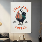 Retro rooster Farmstand Coffee stretched canvas print — bold vintage poster wall art for coffee lover home decor
