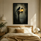 Raven on Lantern Gothic Foggy Forest Canvas Wall Art