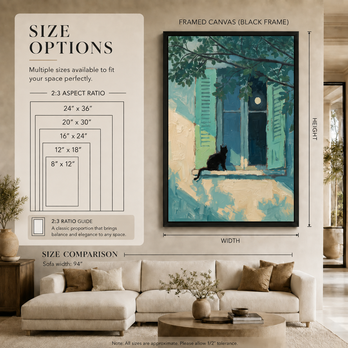 Black Cat Window Moonlight Teal French Canvas Art
