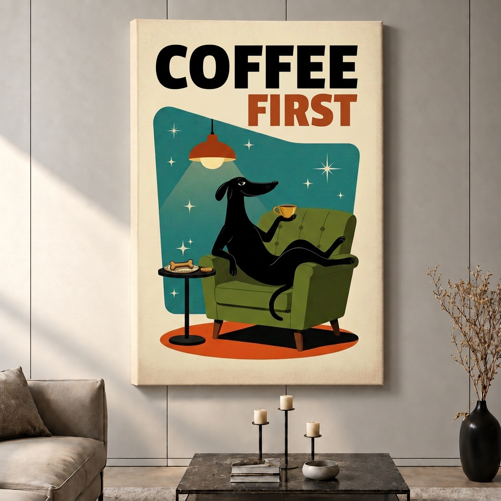 Coffee First Greyhound Retro Poster Canvas Wall Art