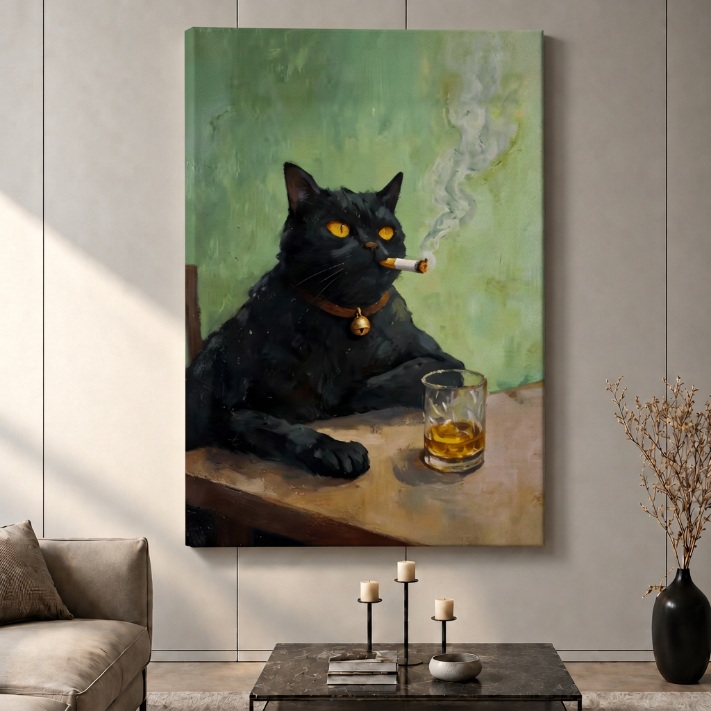 Cigar Cat Whiskey Black Cat Canvas Wall Art