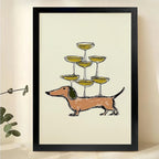 Dachshund with Champagne Tower Wall Art – Playful Wiener Dog Canvas Print on Natural Wood Frame | W2086