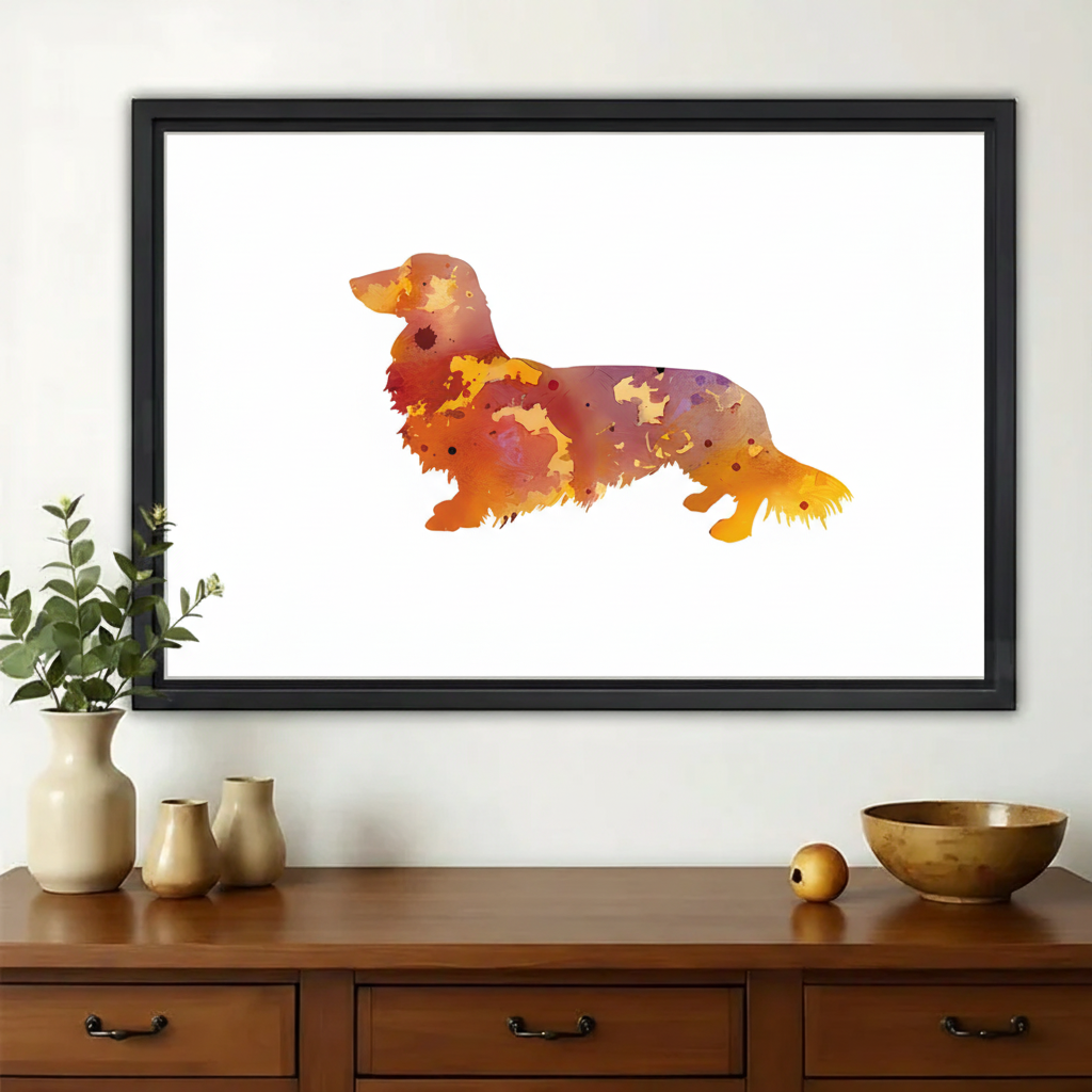 Watercolor Dachshund Wall Art – Colorful Long-Haired Wiener Dog Canvas Print | W2084