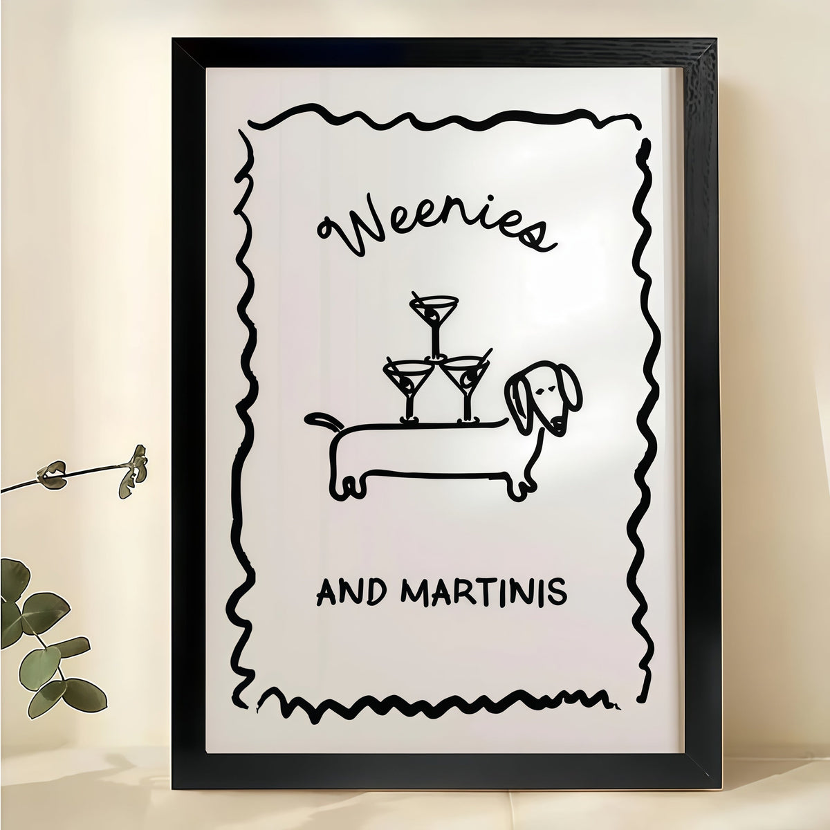 Weenies and Martinis – Funny Dachshund Cocktail Bar Wall Art on Natural Wood Canvas | W2039