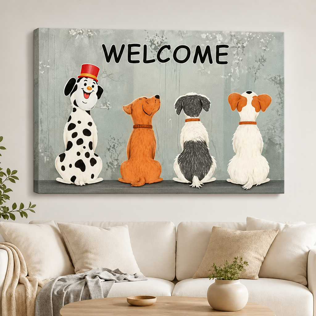 Welcome Four Dogs Entryway Canvas Art