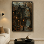 Black Cat Gothic Cottage Autumn Night Canvas Art