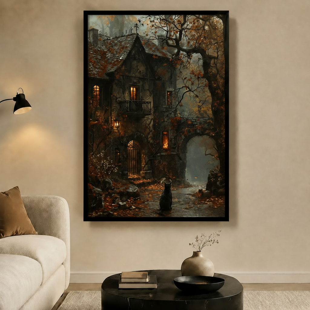 Black Cat Gothic Cottage Autumn Night Canvas Art