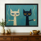 Two Cats with Coffee Wall Art – Quirky Retro Cat Canvas Print on Natural Wood Frame | W2113