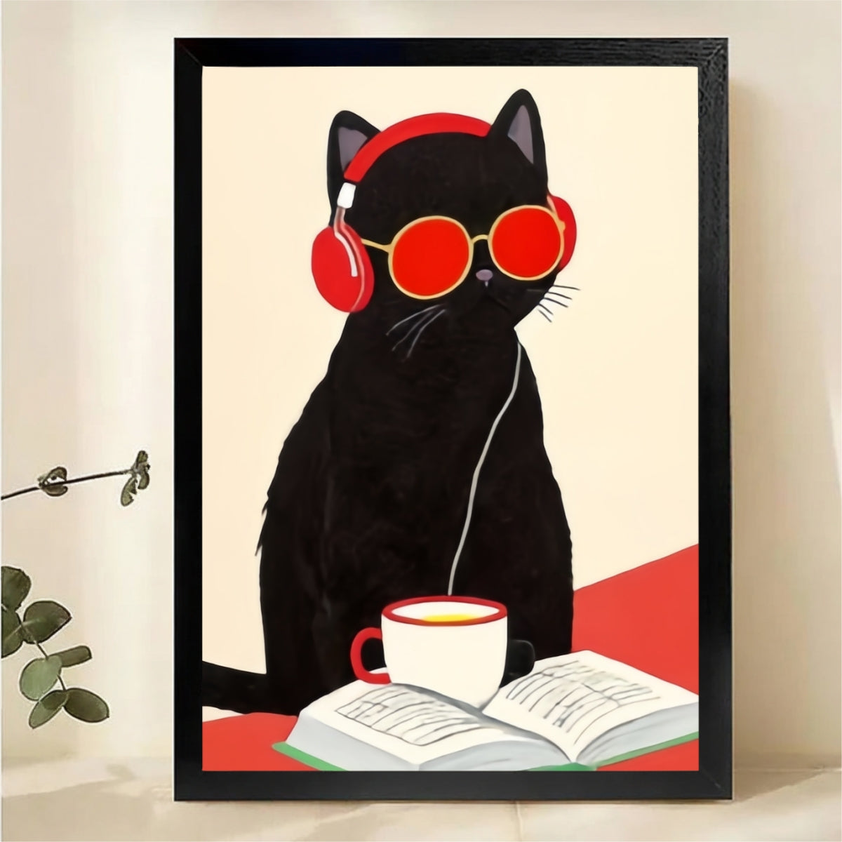 Cool Cat Reading with Coffee Art Print - Framed Wall Decor|W1262