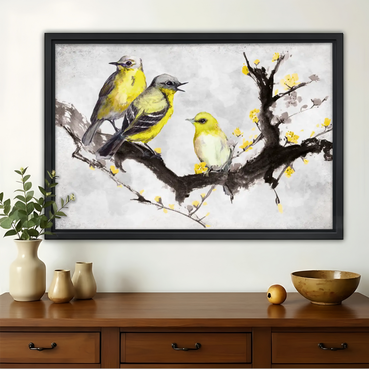 Three Yellow Birds on Blossoming Branch Wall Art - Asian Watercolor Canvas Print| W1365