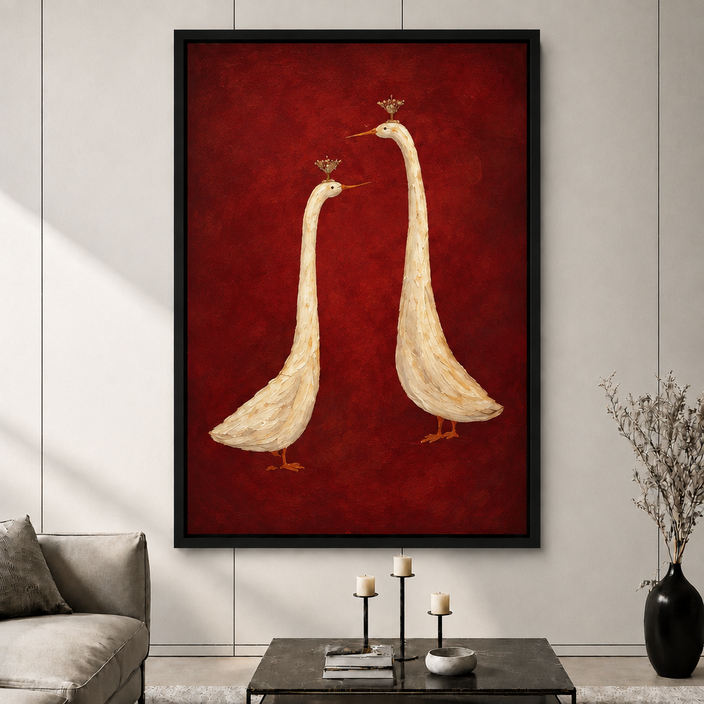 Royal Geese Pair Red Oil Painting Canvas