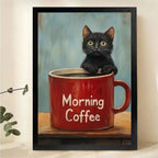 Black Cat in Coffee Mug Wall Art - Morning Coffee Canvas Print|W1332