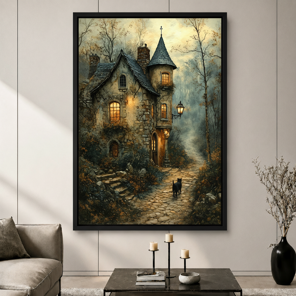 Gothic Cottage Black Cat Canvas Wall Art