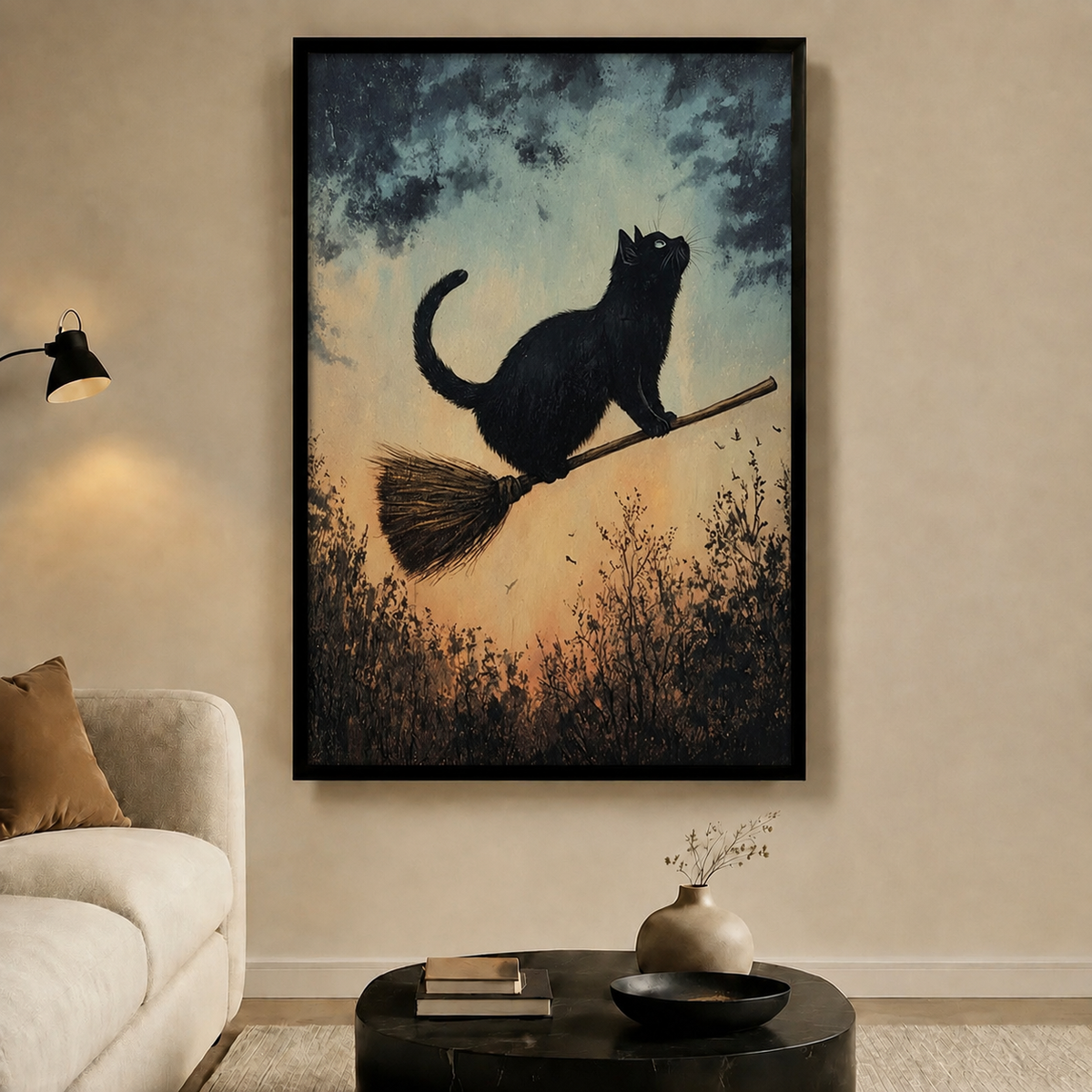 Black Cat Broomstick Vintage Fantasy Canvas  Wall Art