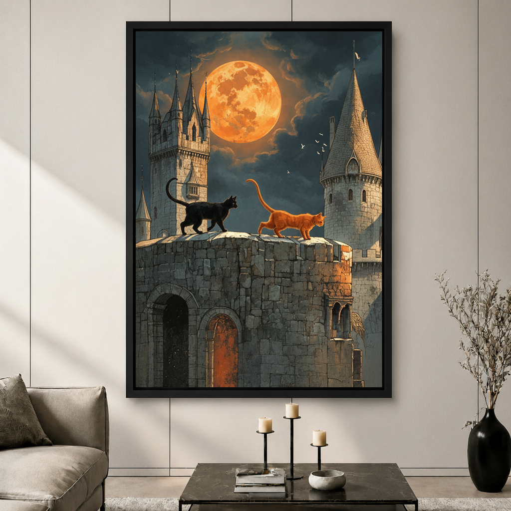 Gothic Cats Castle Moon Canvas Wall Art