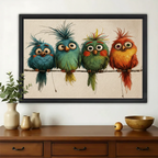 Four Crazy Colorful Birds on a Wire Wall Art – Funny Cartoon Canvas Print on Natural Wood Frame | W2206
