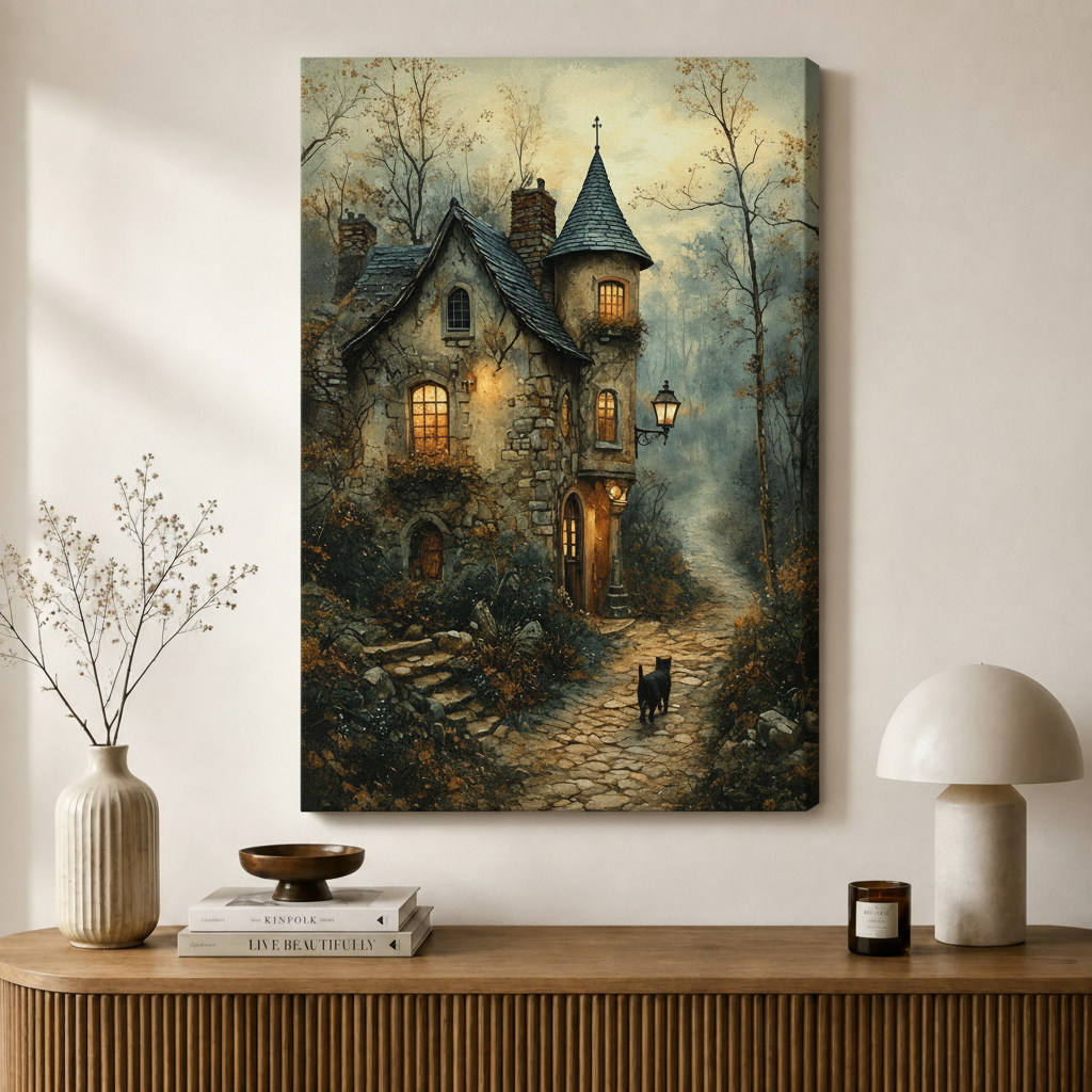 Gothic Cottage Black Cat Canvas Wall Art