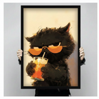 Cool Black Cat Iced Drink Impasto Canvas Wall Art
