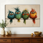 Four Crazy Colorful Birds on a Wire Wall Art – Funny Cartoon Canvas Print on Natural Wood Frame | W2206