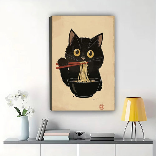 Black Cat Eating Ramen – Whimsical Japanese Ukiyo-e Style Wall Art on Natural Wood Canvas | W842