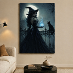 Moonlit Witch Black Cat Magic Canvas Wall Art