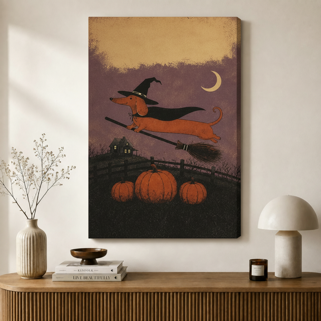 Halloween Dachshund Witch Broom Canvas Art