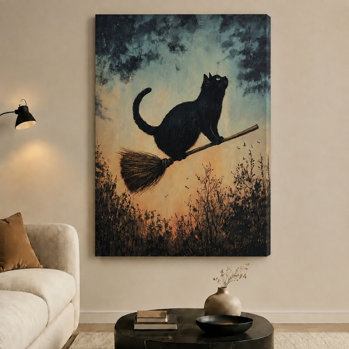 Black Cat Broomstick Vintage Fantasy Canvas  Wall Art