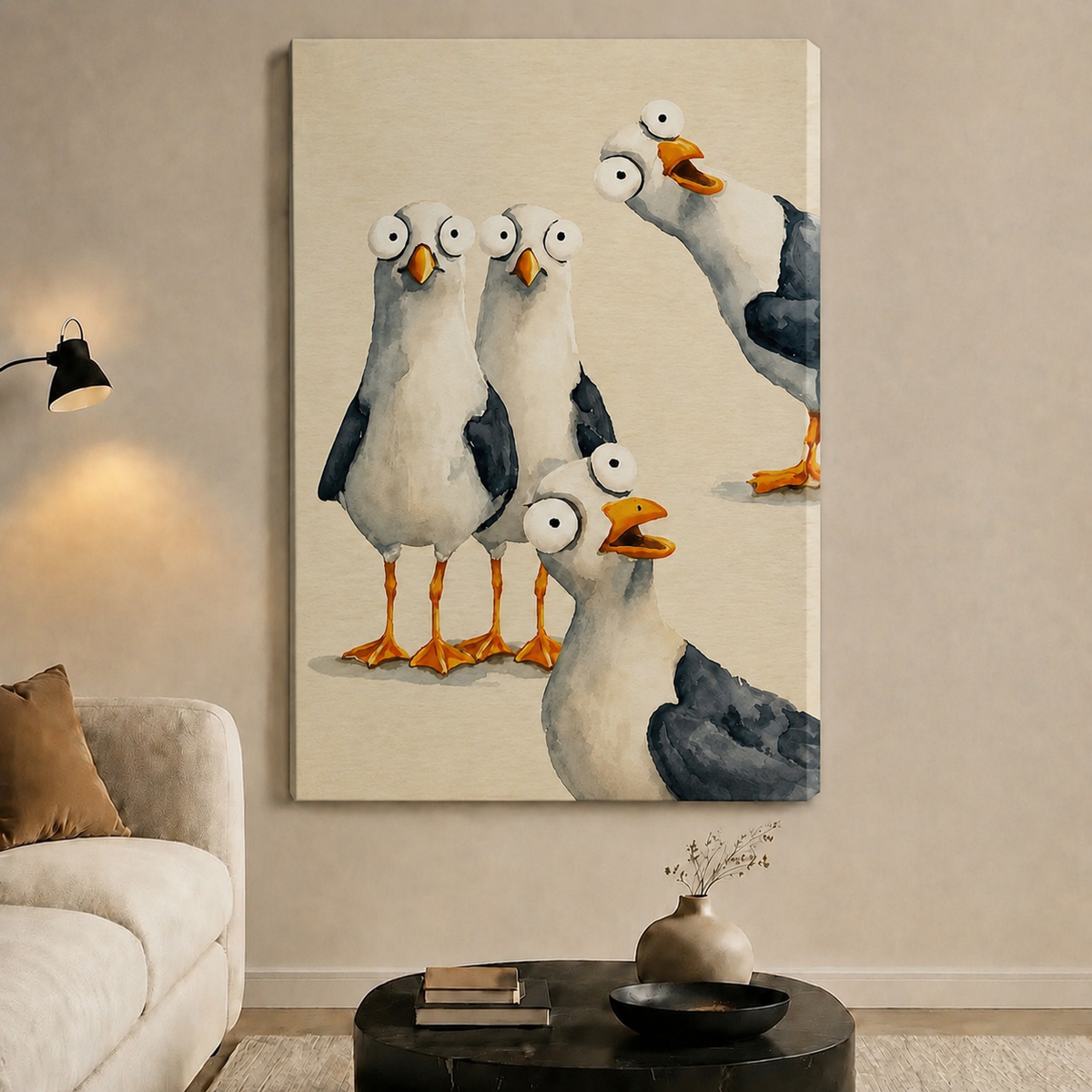 Funny Seagull Gang Watercolor Whimsical Canvas Art