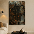 Black Cat Gothic Cottage Autumn Night Canvas Art