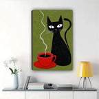 he Black Cat  Red Coffee Cup – Minimalist Cozy Wall Art on Natural Wood Canvas | W670
