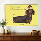 Ice Cream Dachshund Quote Wall Art – Funny Yellow Dog Canvas Print on Natural Wood Frame | W2180