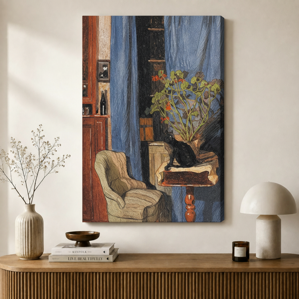 Vintage Interior Black Cat Canvas Wall Art