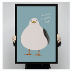 Funny seagull canvas print on teal background — bold hand-drawn coastal humor wall art for kitchen decor