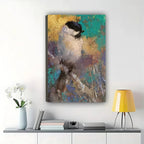 Chickadee Bird Impressionist Wall Art – Textured Teal and Gold Canvas Print on Natural Wood Frame | W2421