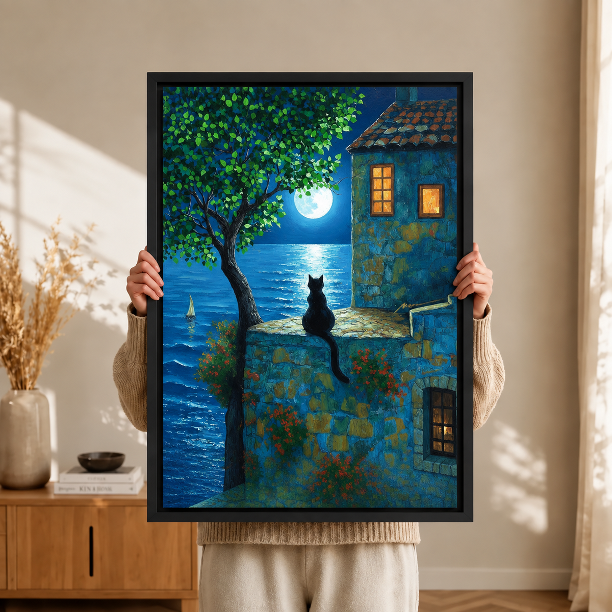 Mediterranean Night Cat Canvas Wall Art