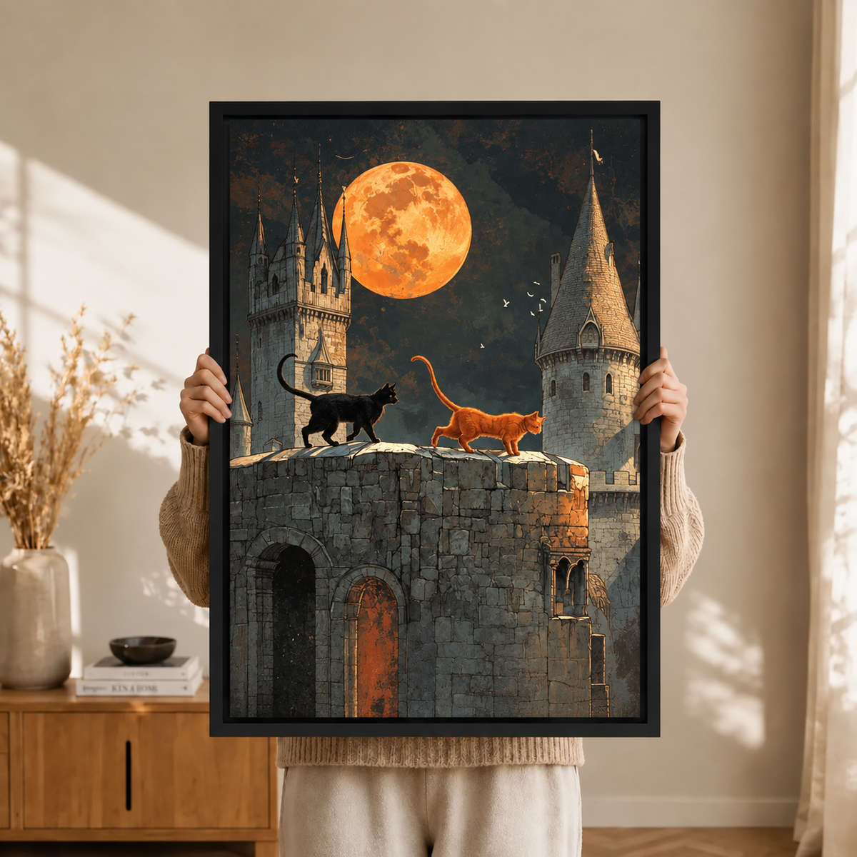 Gothic Cats Castle Moon Canvas Wall Art