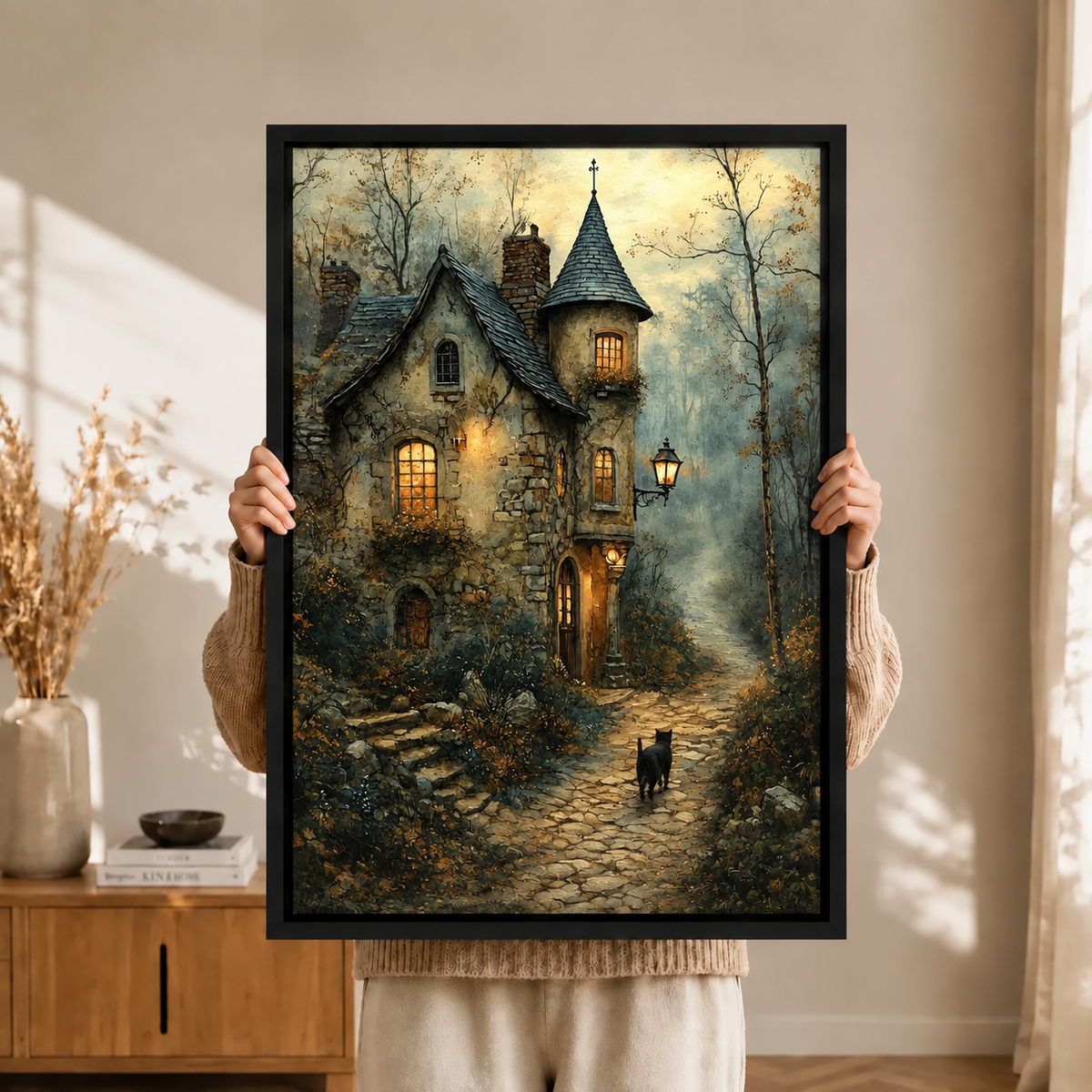 Gothic Cottage Black Cat Canvas Wall Art