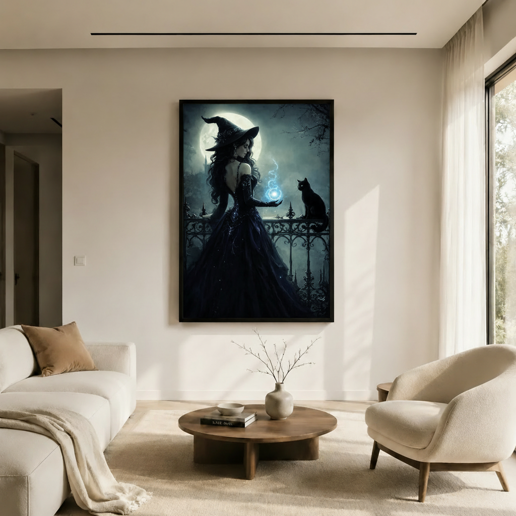 Moonlit Witch Black Cat Magic Canvas Wall Art