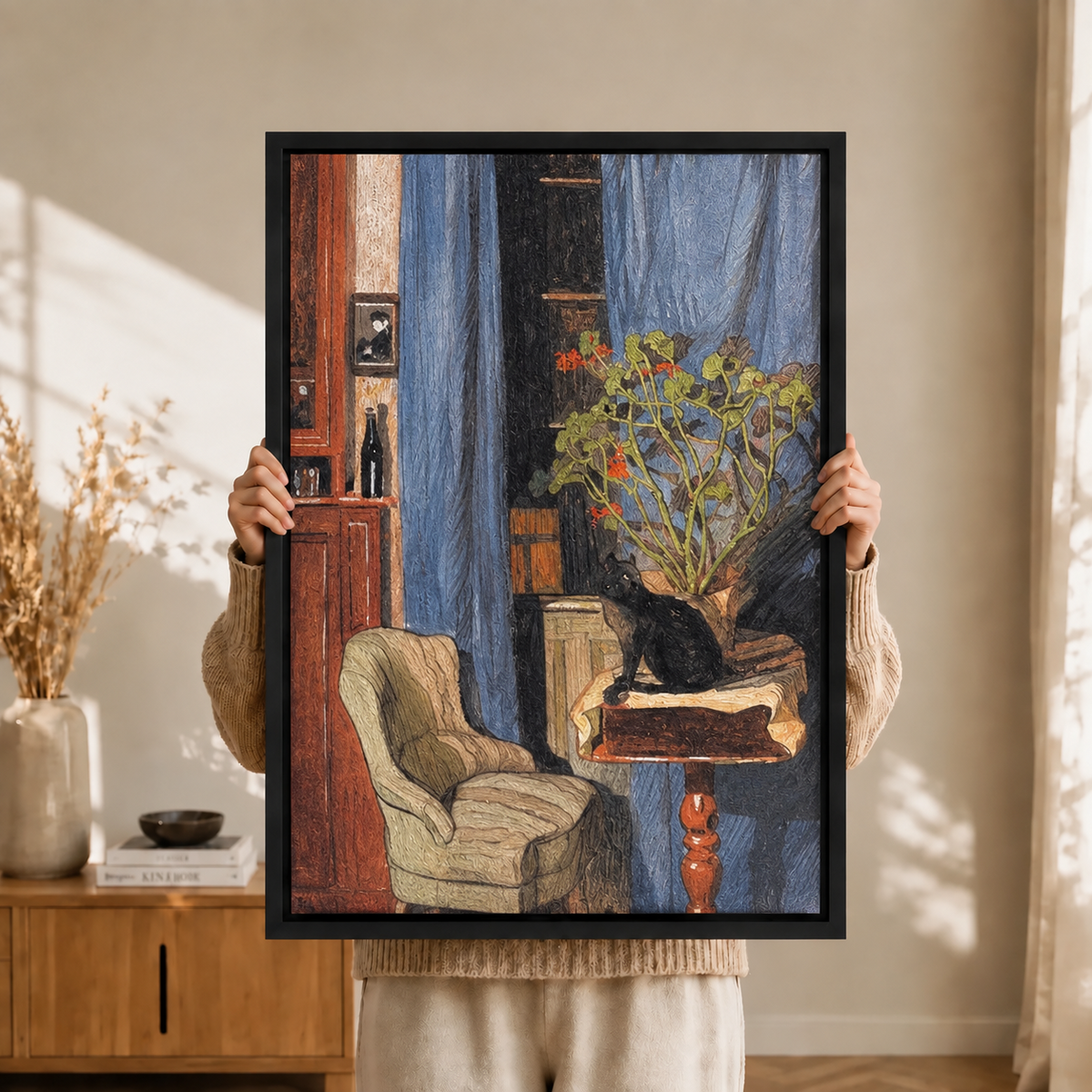 Vintage Interior Black Cat Canvas Wall Art