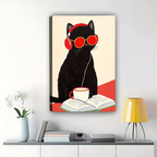 Cool Cat Reading with Coffee Art Print - Framed Wall Decor|W1262