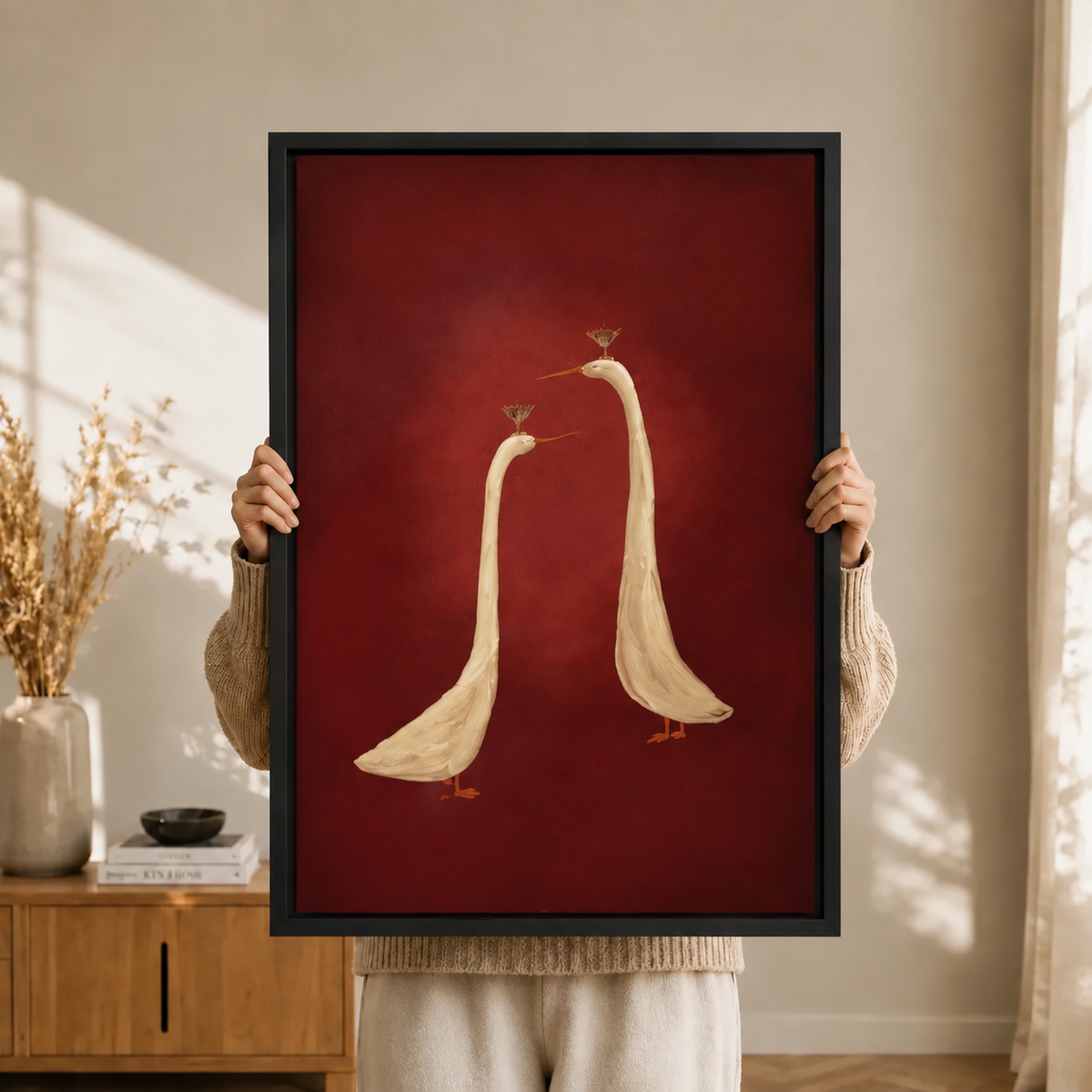 Royal Geese Pair Red Oil Painting Canvas