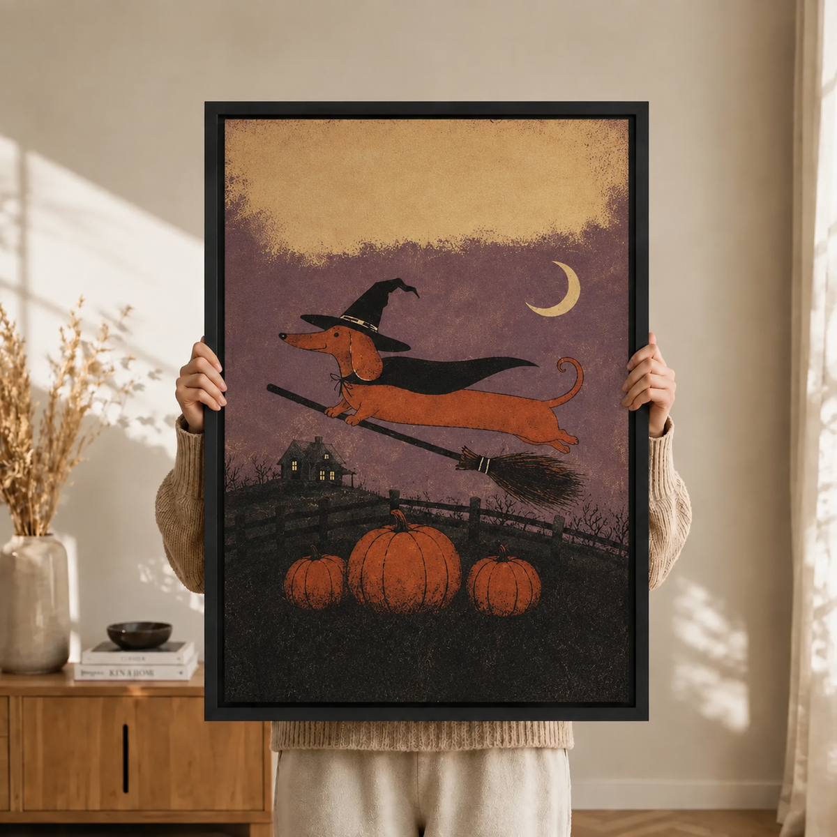 Halloween Dachshund Witch Broom Canvas Art