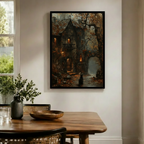 Black Cat Gothic Cottage Autumn Night Canvas Art
